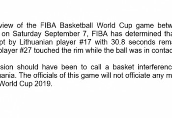 FIBA recunoaște greșeala de arbitraj care a trimis Lituania acasă de CM 2019
